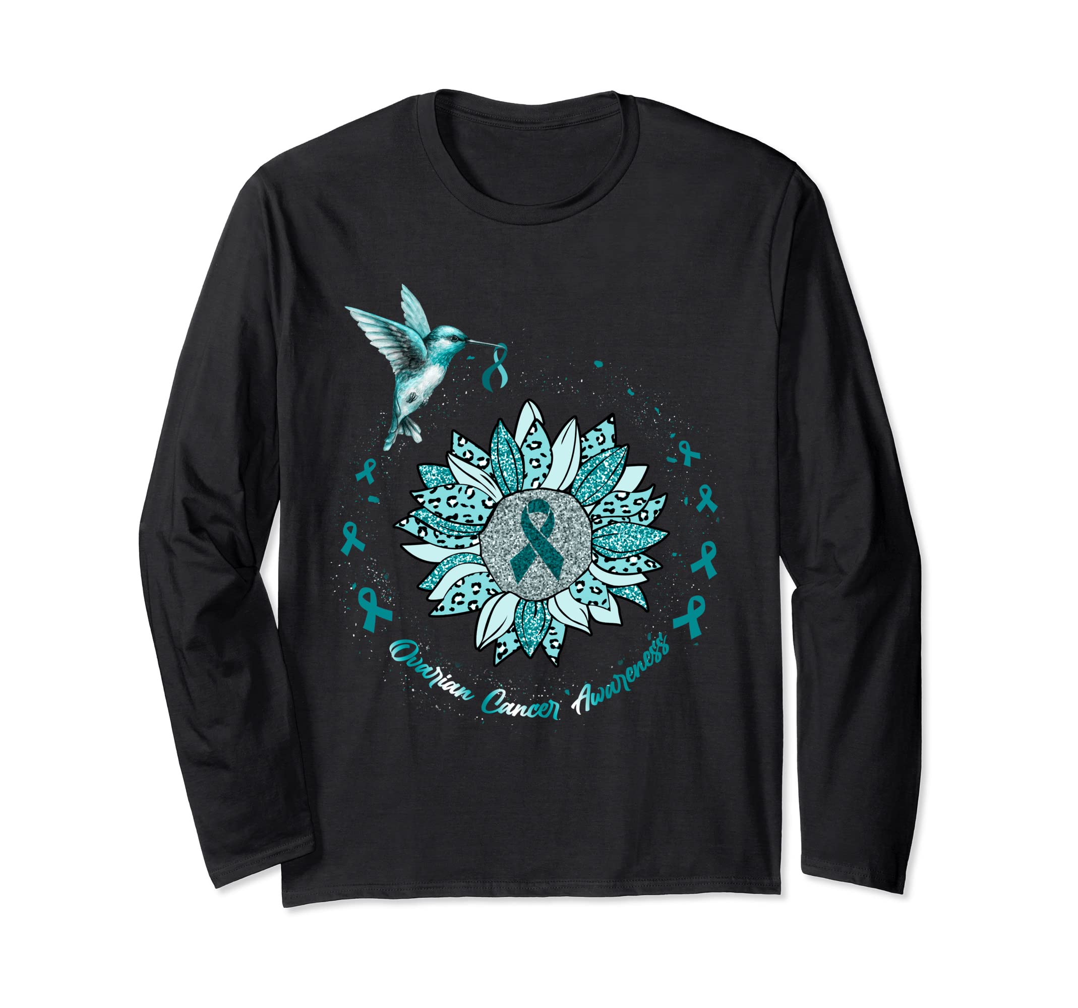 Photo 1 of Ovarian Cancer Awareness Sunflower Hummingbird Ribbon Long Sleeve T-Shirt