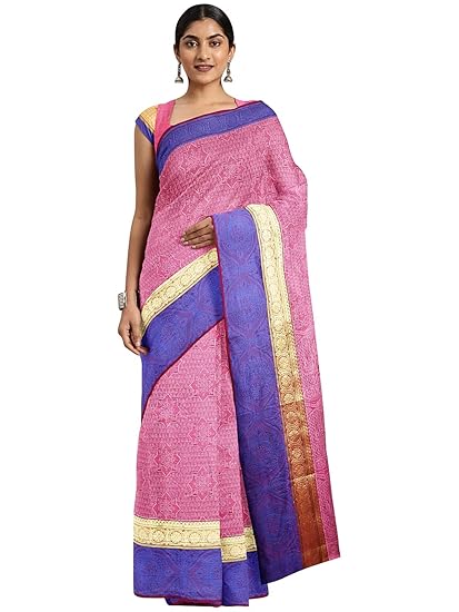 Pink Banarasi Poly Silk Saree, with Un-stitched Blouse Piece - Powerloom made Traditional Banarasi Sari for Women by ART Retail (Poly Silk Blend, Pink)