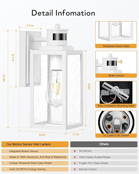 VIANIS 2 PACK MOTION SENSOR PORCH LIGHT, OUTDOOR GARAGE LIGHTING FIXTURES WALL MOUNT, WHITE OUTSIDE LED LIGHTS FOR HOUSE, DUSK TO DAWN EXTERIOR SCONCES WALL LIGHTING LANTERN LAMPS FOR FRONT DOOR COACH