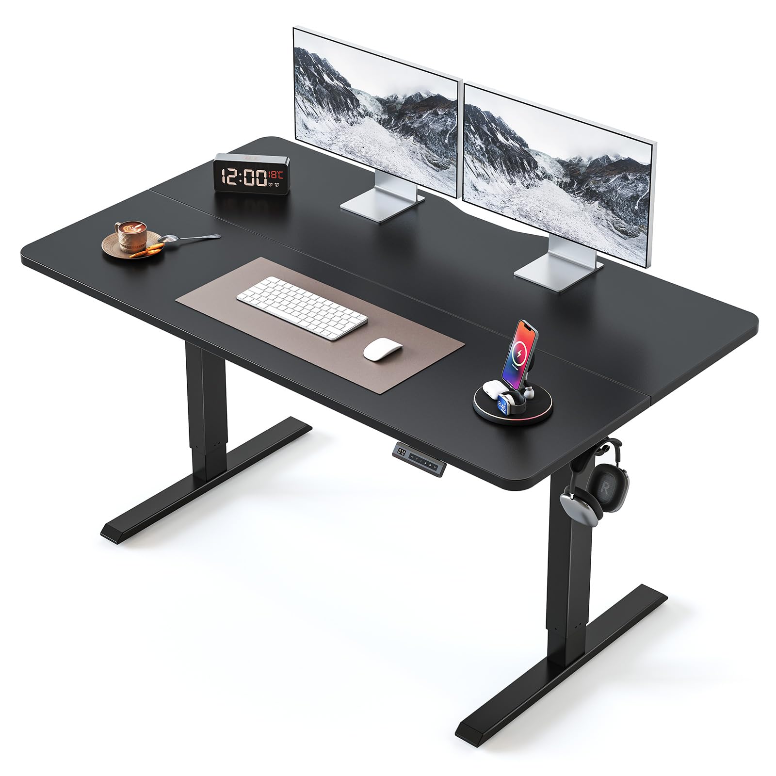 BANTI 55 × 28 Inches Standing Desk, Ergonomic, Electric Height Adjustable, Sit and Stand Up, Computer Desk with a Deeper Desktop, Black Frame/Black Top Image