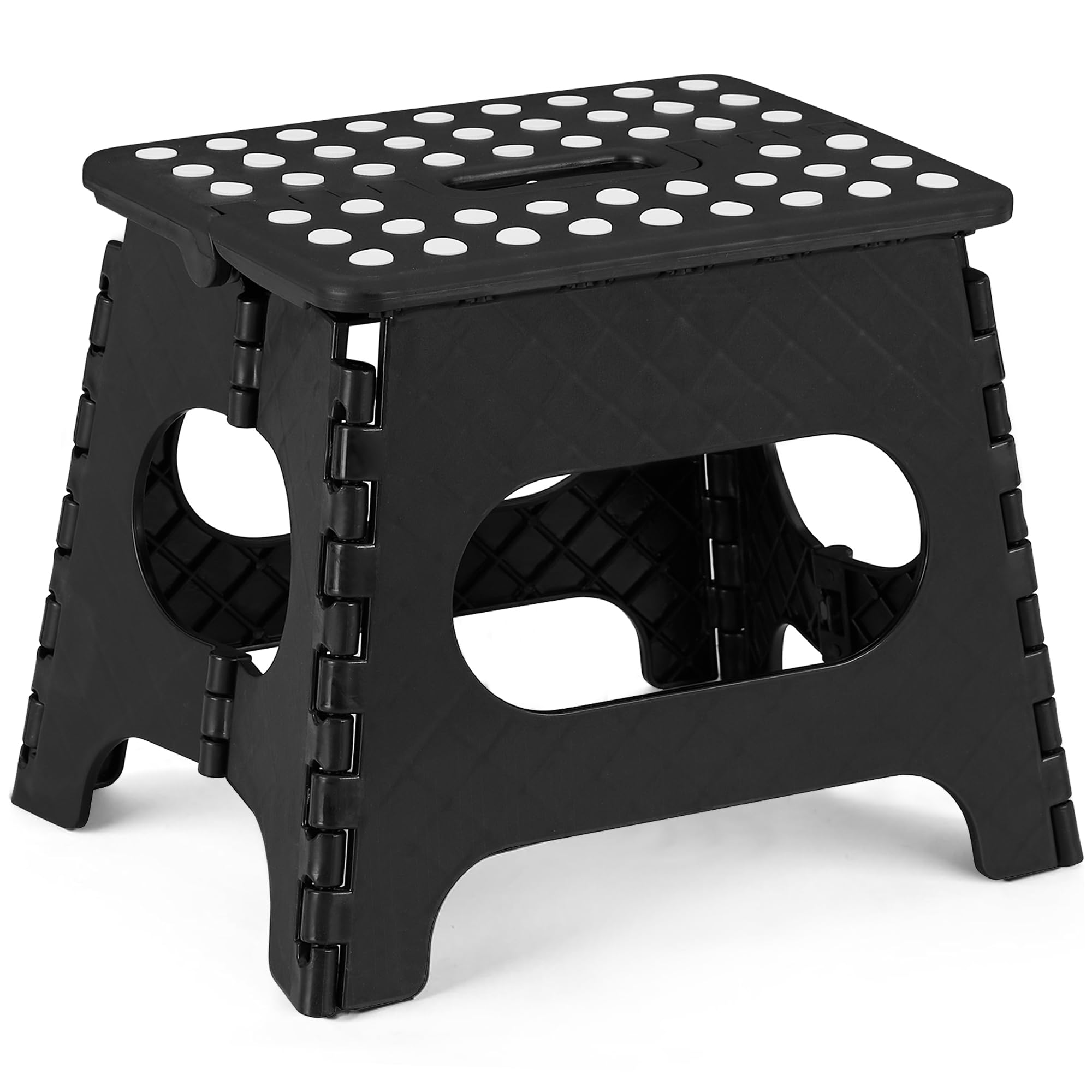 VECELO Folding Stool 28cm, Non-Slip Surface Portable Foldable with Carry Handle, Heavy Duty to Support Kids/Toddler/Adults for Living Room Kitchen, Bathroom,Black