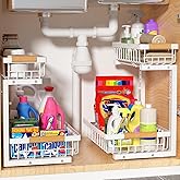 Liuoud Under Sink Organizer 2 Pack, 2 Tier Slide Out Large Capacity Height Adjustable Under Sink Organizers and Storage for Kitchen Bathroom Cabinet, White