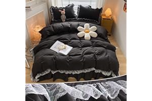 MOOWOO Chic Ruffle Lace Polyester Duvet Cover Set -Girl Black Bedding-3 Piece Full Duvet Cover with Zipper Closure -Ultra Soft and Light Weight (Black, Full)