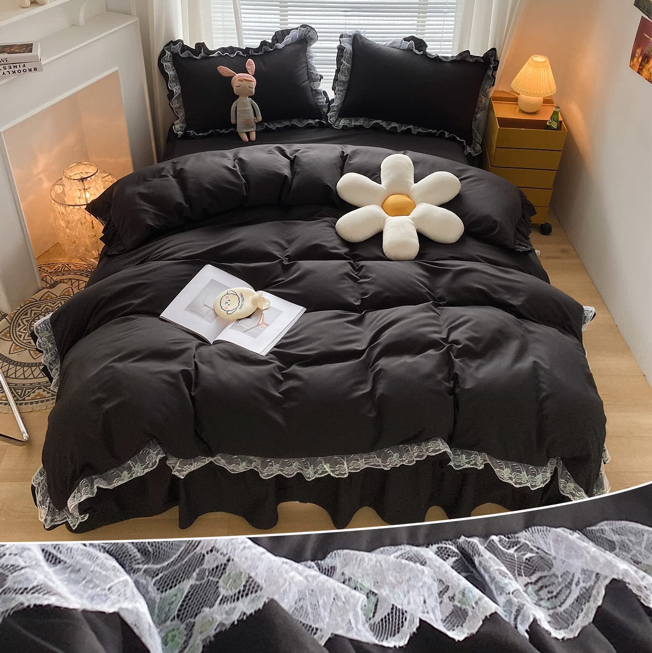 Photo 1 of MOOWOO Chic Ruffle Lace Polyester Duvet Cover Set -Girl Black Bedding-3 Piece Full Duvet Cover with Zipper Closure -Ultra Soft and Light Weight (Black, Full)-NO Including Comforter