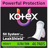 Kotex Ultra Thin Pads, Wings, Heavy, 46 Count | Period Pad, Breathable Soft Touch Cover, Made Without Fragrance, Clean &amp; Dry Feel, LeakShield Protection, Gravity Core