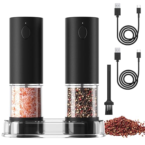 COKUNST Electric Pepper and Salt Grinder Set, USB Rechargeable Adjustable 5 Levels of Coarseness Black Pepper Mills with Stand, Automatic Grinder with LED Light for BBQ Resturant Kitchen