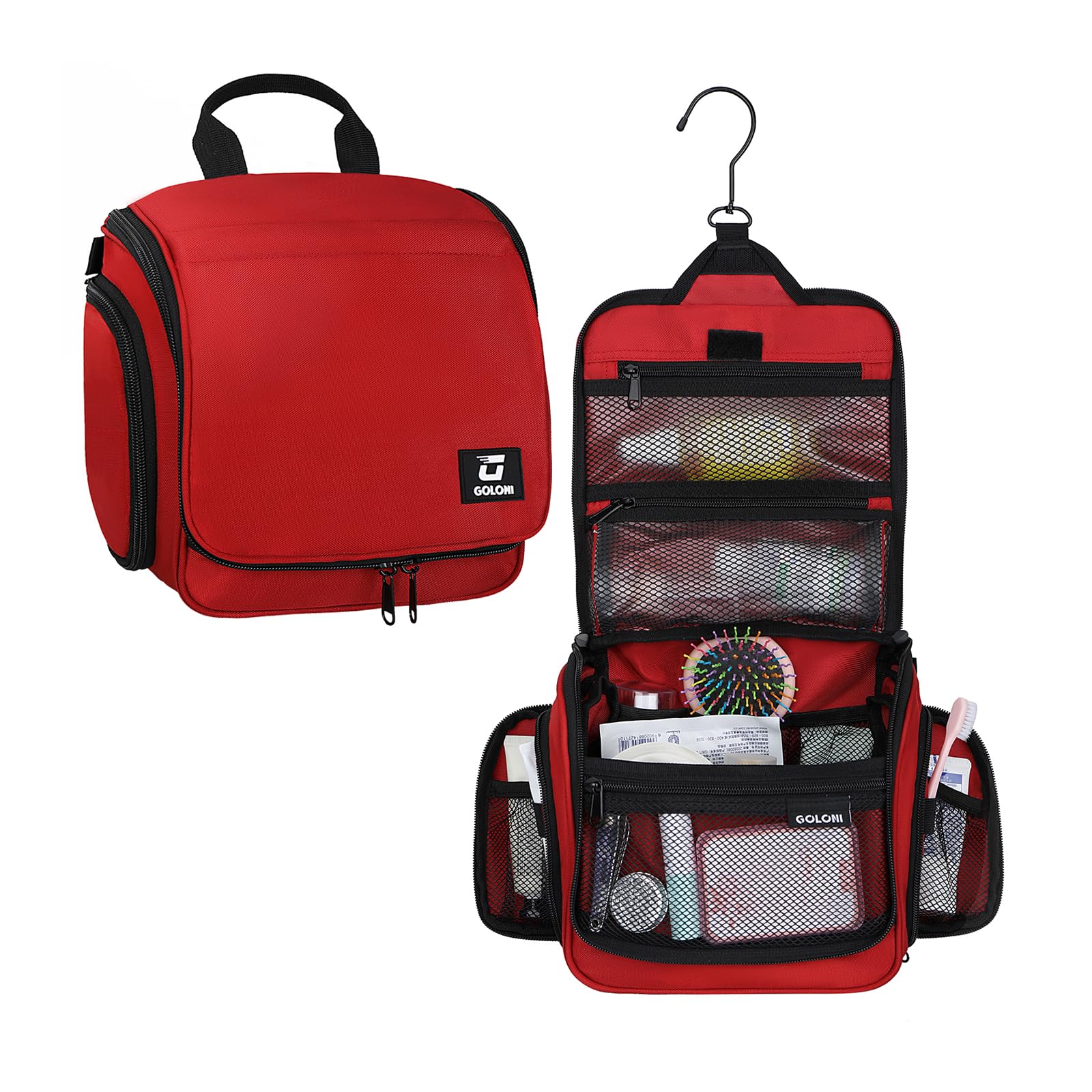 Photo 1 of Goloni Hanging Toiletry Bag with Hook, Large Makeup Bag Travel Organizer, Water-Resistant Hanging Cosmetic Bag with 10 Compartments for Women & Men,Red