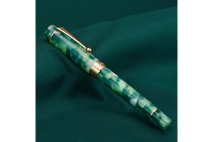 Jinhao 100 Fountain Pen Classic Style Green Marble Acrylic, Fine Point with Converter and Gold Trim Pen Case Set