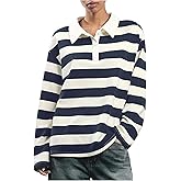 Milumia Women's Striped Long Sleeve Collared T Shirt Colorblock Drop Shoulder Loose Sweatshirt Tee Tops