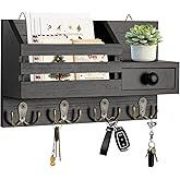 HOMEBROS Key Holder Wall Mount, Wooden Key and Mail Organizer, Black | 2 Mount Options, Includes 8 Hooks, Fence Mail Slot, Small Drawer and Shelf, for Entryway, Hallway, Doorway, Living Room, RV