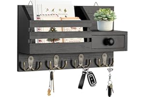 HOMEBROS Key Holder Wall Mount, Wooden Adhesive Mail and Key Organizer with Drawer, Small Shelf, 8 Hooks, 2 Installation Methods, Black