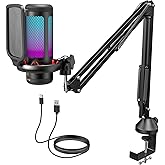 TONOR Gaming Microphone Set with Boom Arm, Vocal Condenser Microphone for PC with Stand, Controllable RGB Modes & Brightness, Quick Mute, Volume Control, USB Mic for Twitch Streaming, Discord, TC310+