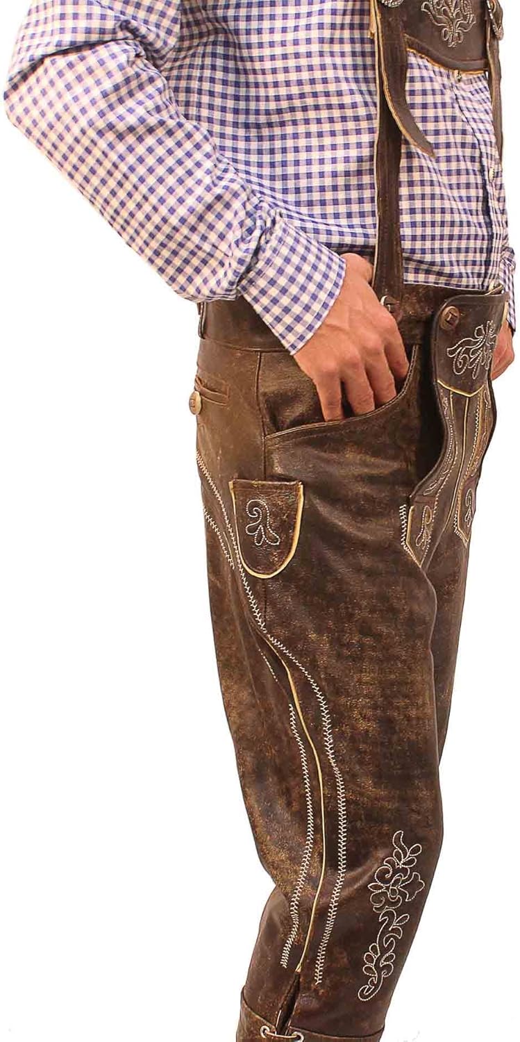 Oktoberfest Bavarian Long Bundhosen Men Authentic German Outfit Brown Wild Brown: Clothing