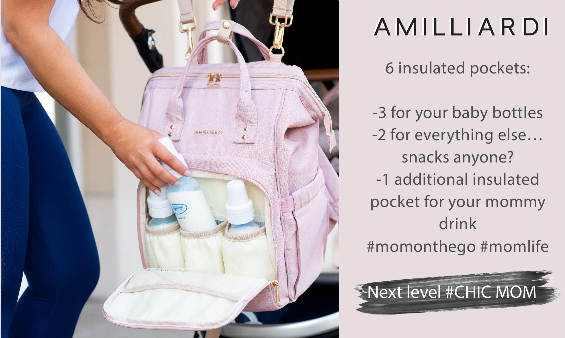 Diaper Bag Backpack with 6 INSULATED Bottle Holders – Light Pink, Water-Resistant Polyester Baby Bag – Detachable Stroller Straps – Stylish & Spacious for Baby Girl – Travel Diaper Bag