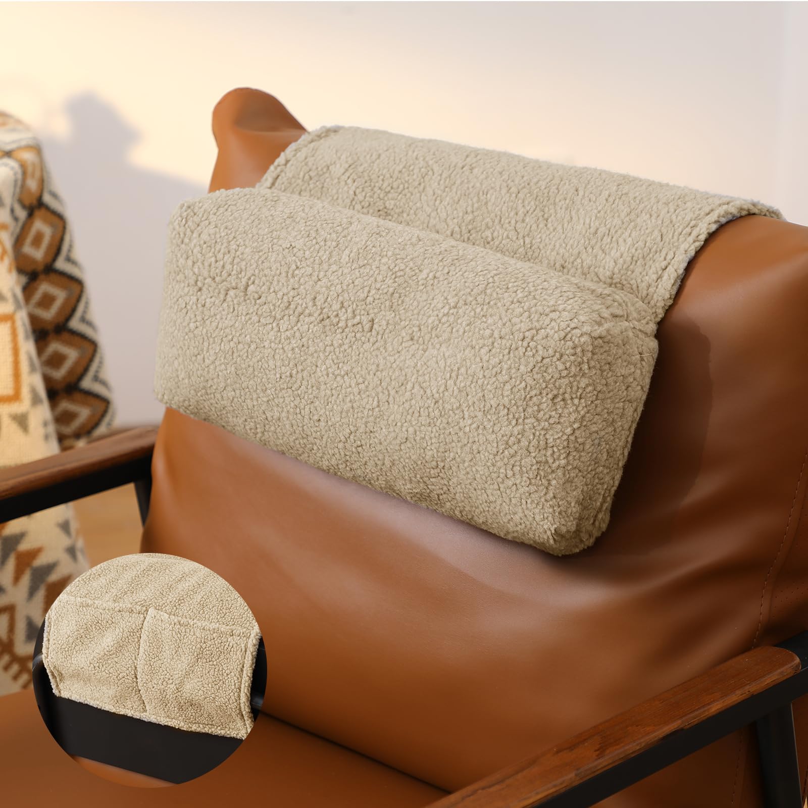 Photo 1 of Beeveer Sherpa Head Recliner Pillow Head and Neck Pillow for Recliner Chair with Storage Pocket Neck Relief and Cervical Support for Travel Home Sofa Armchair 23.6 x 15.7 Inch(Light Camel)