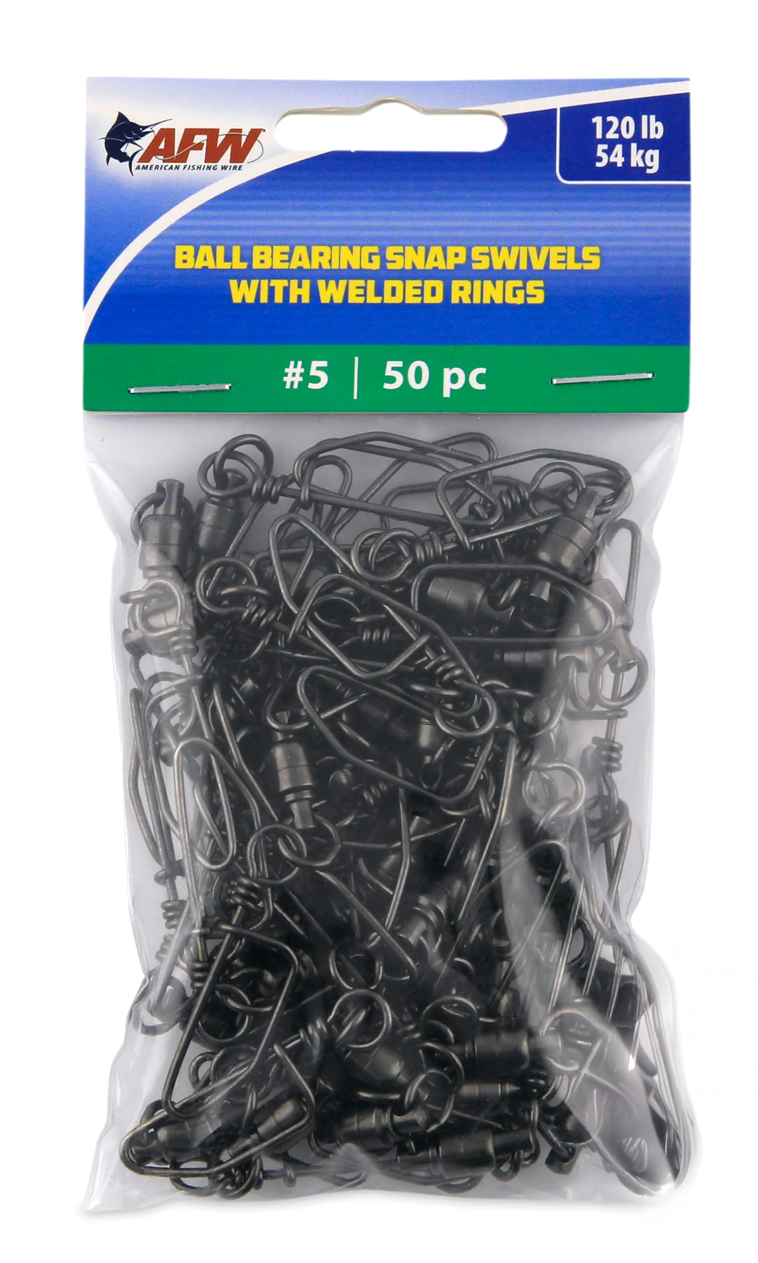 American Fishing Wire Black Ball Bearing Snap Swivels (50 Piece), Size 5, 120 Pound Test