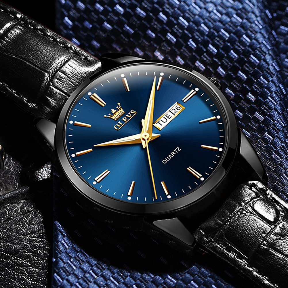 OLEVS Herrenuhren Blau Schwarz Lederarmband Quarz Uhr Männer mit Wochentag Datum Wasserdicht Leuchtende Klassische Elegantes Armbanduhr Geschenk 2