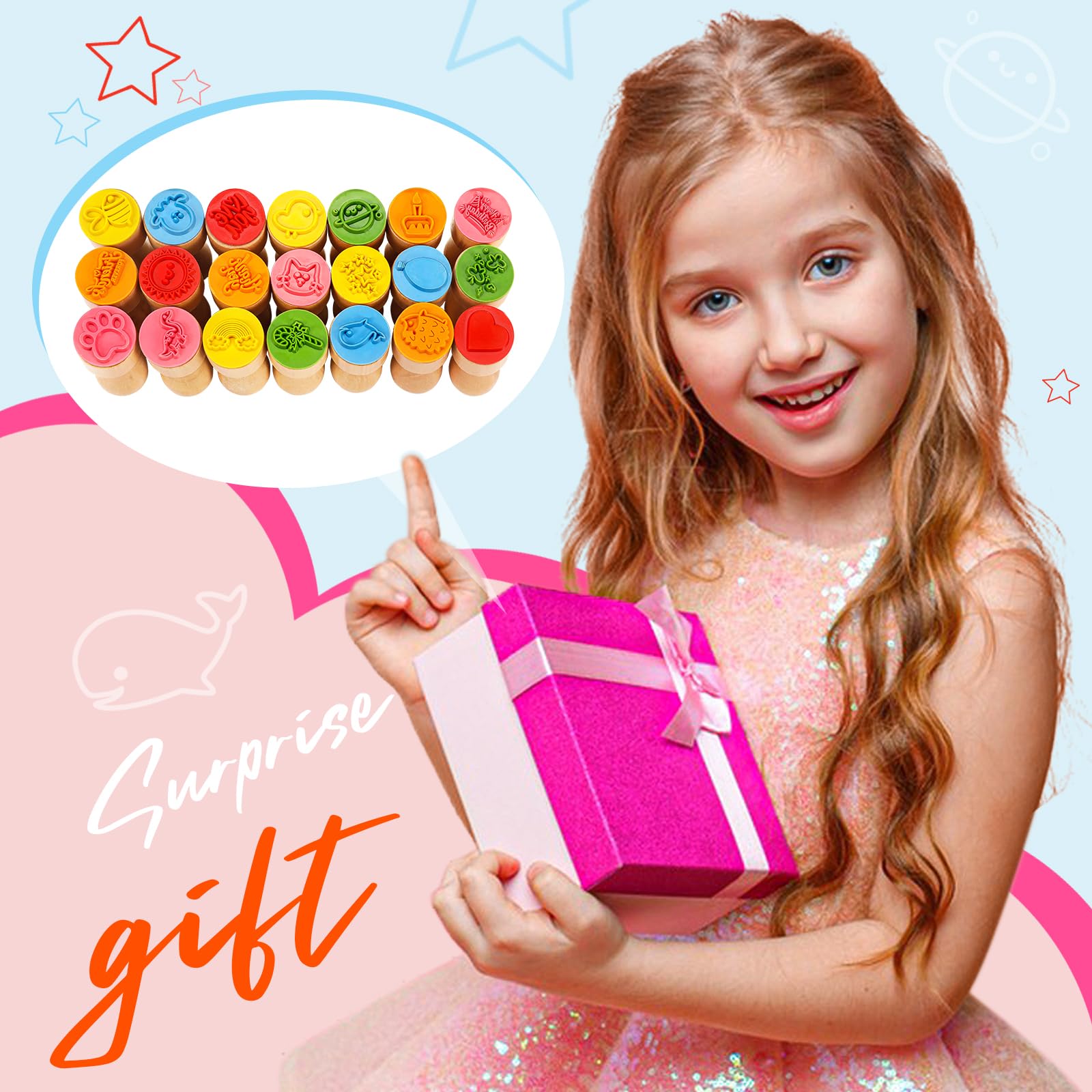 MeCids Stamps for Kids, 21Pcs Wooden Stamp Set - Animal Stamps Star Rainbow Cute Pattern Stamp for Kids Birthday Gift Party Favor Carnival Prizes, Kid Art Projects