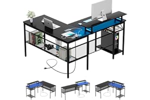 iSunirm Reversible L Shaped Computer Desk with Magic Power Outlet and Smart LED Light, 55 Inch Large Office Corner Desk with Economic Monitor Stand, Gaming Table with Storage, Sleek Grid Design, Black