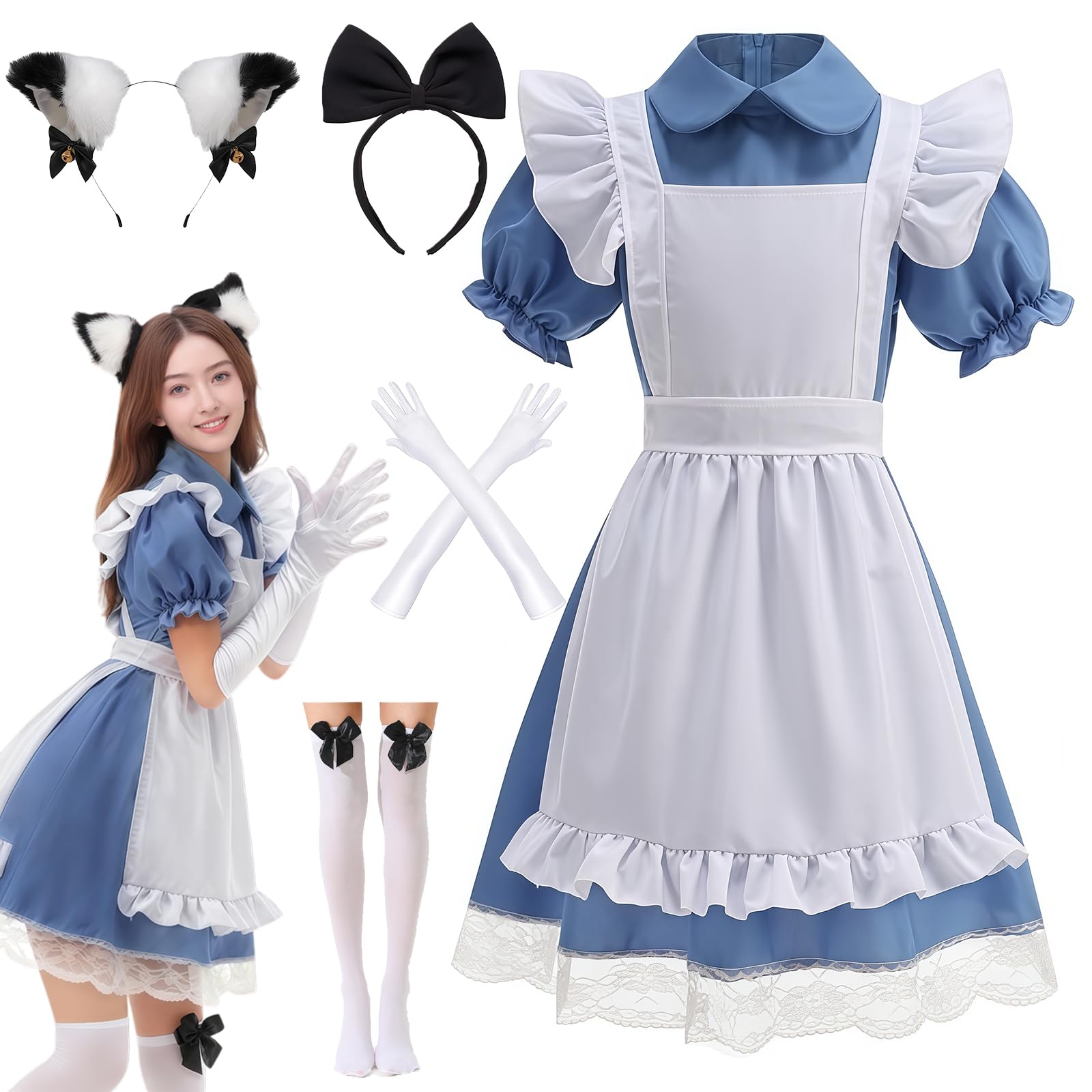 Amtum Maid Dress Costume French Lolita Maid Outfits for Women Maid Apron Cosplay Lolita Outfit Anime halloween Costumes Headwear Gloves Socks Set，T002-XL