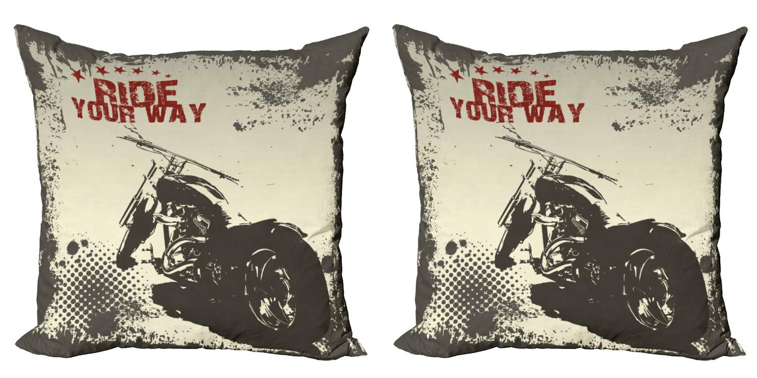 ABAKUHAUS Adventure Throw Pillow Cushion Cover Pack of 2, Ride Your Way Words Motorcycle Image Poster Artwork Print, Zippered Double-Side Digital Print, 40 x 40 cm, Anthracite