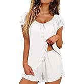 LOMON Womens Pajama Set 2 Piece Smocked Sleeve Top and Ruffle Shorts with Pocket Sleepwear Bridal Pj Sets for Party