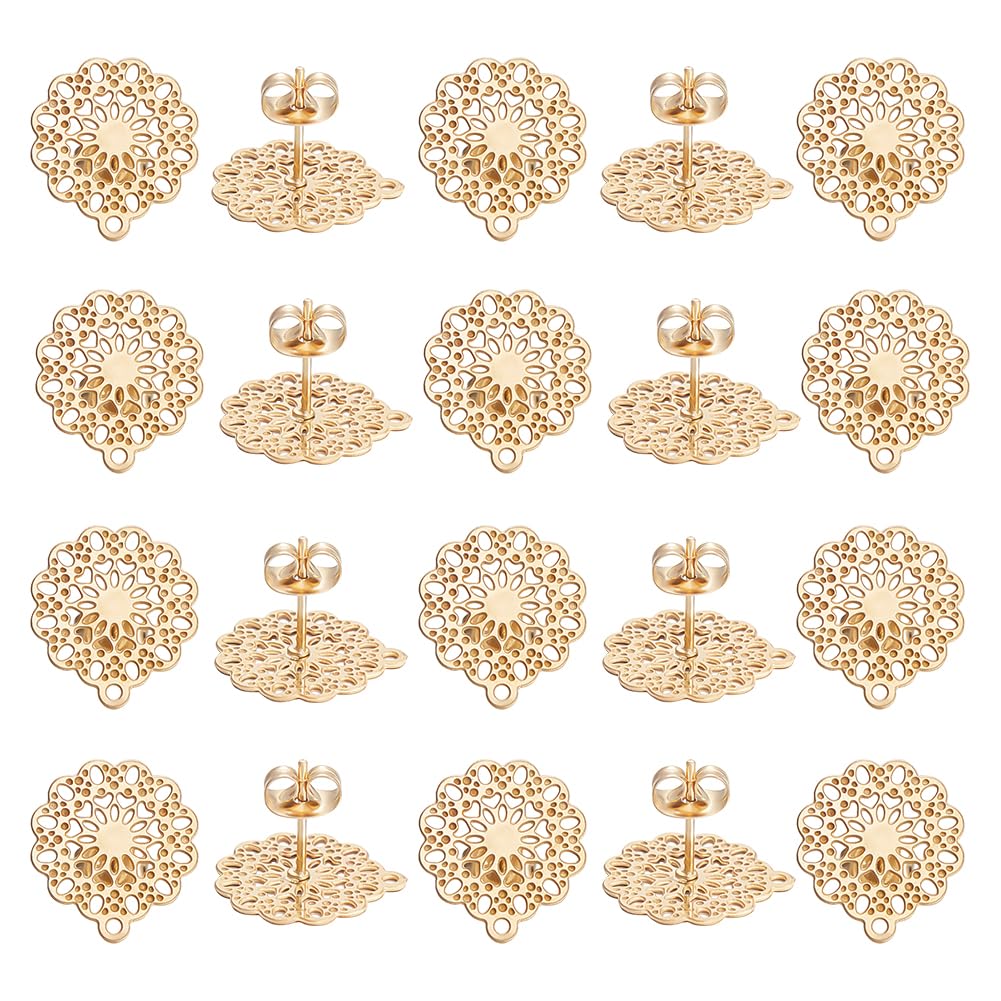 UNICRAFTALE about 20pcs Golden Flower Stud Earring Findings 304 Stainless Steel Filigree Ear Stud Component with Loop Butterfly Stoppers Ear Nuts 0.7mm Pin Earring for Jewelry Making 16x14mm Hole 1mm