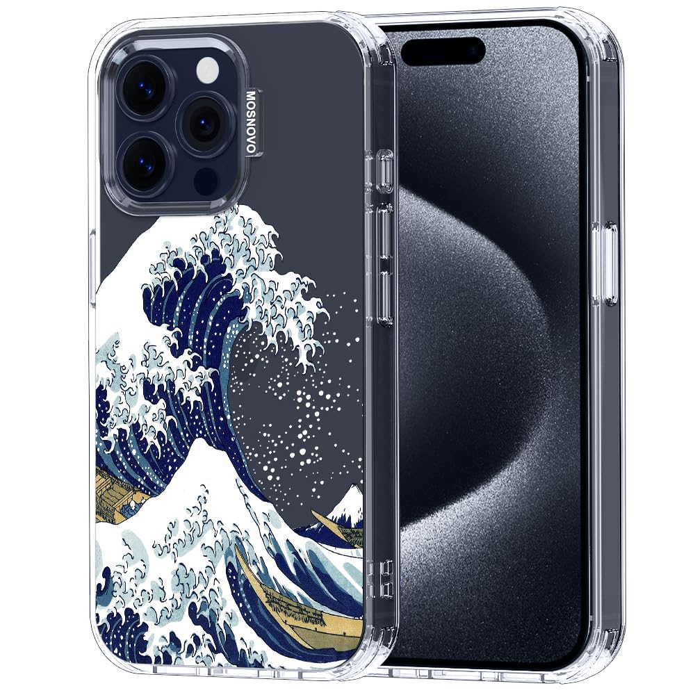 MOSNOVO Case for iPhone 15 Pro Max, [Buffertech 6.6ft Military-Grade Drop Protection] [Anti Peel Off Tech] Clear TPU Bumper Phone Case Cover Design - Great Wave