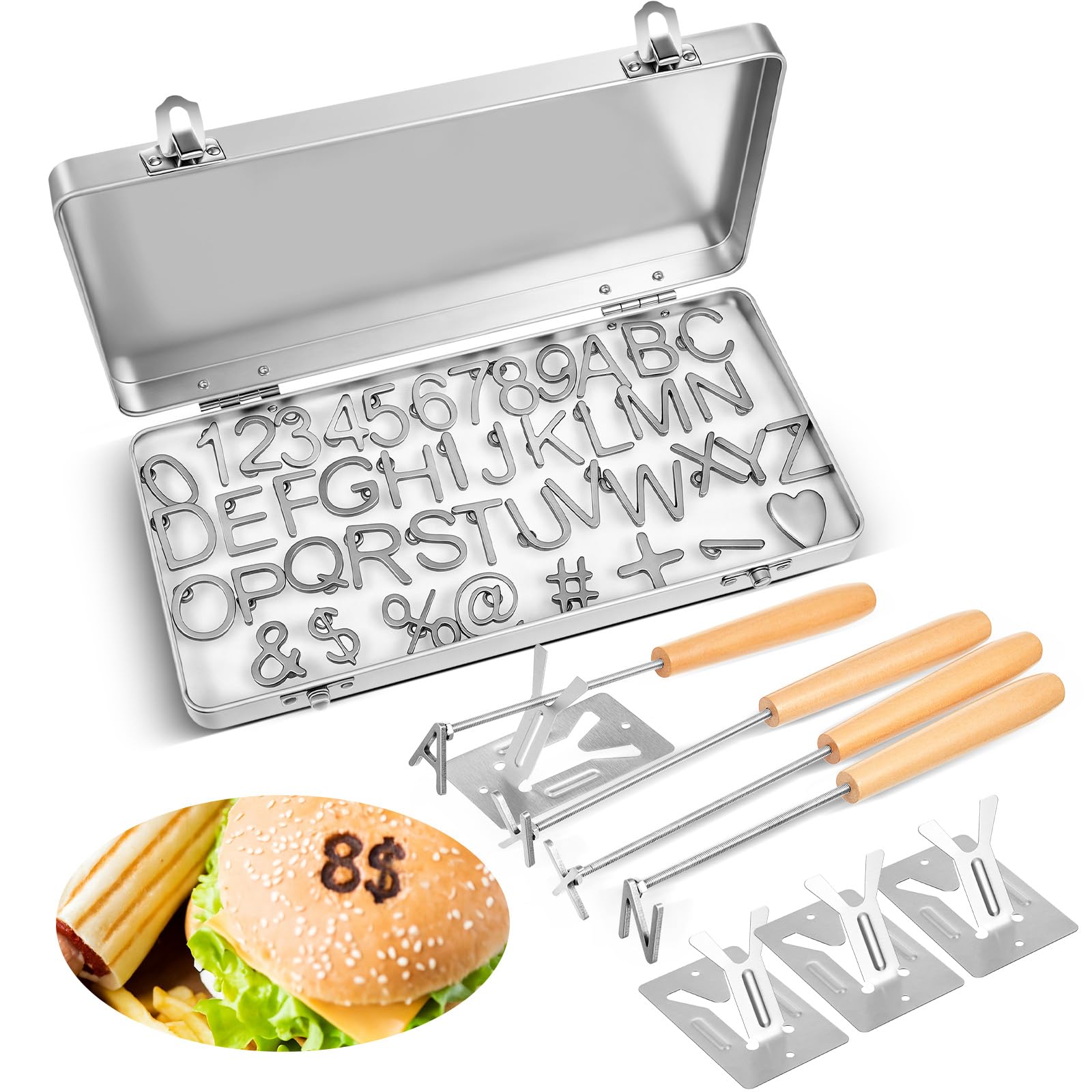Photo 1 of Moxweyeni 44 Pcs Mini 1" Branding Iron Kit A-Z Alphabet 0-9 Numbers 8 Symbols Branding Iron for Wood Working DIY Leather Hat Craft Steak Bread Logo with 4 Handles 3 Metal Holder and Metal Storage Box