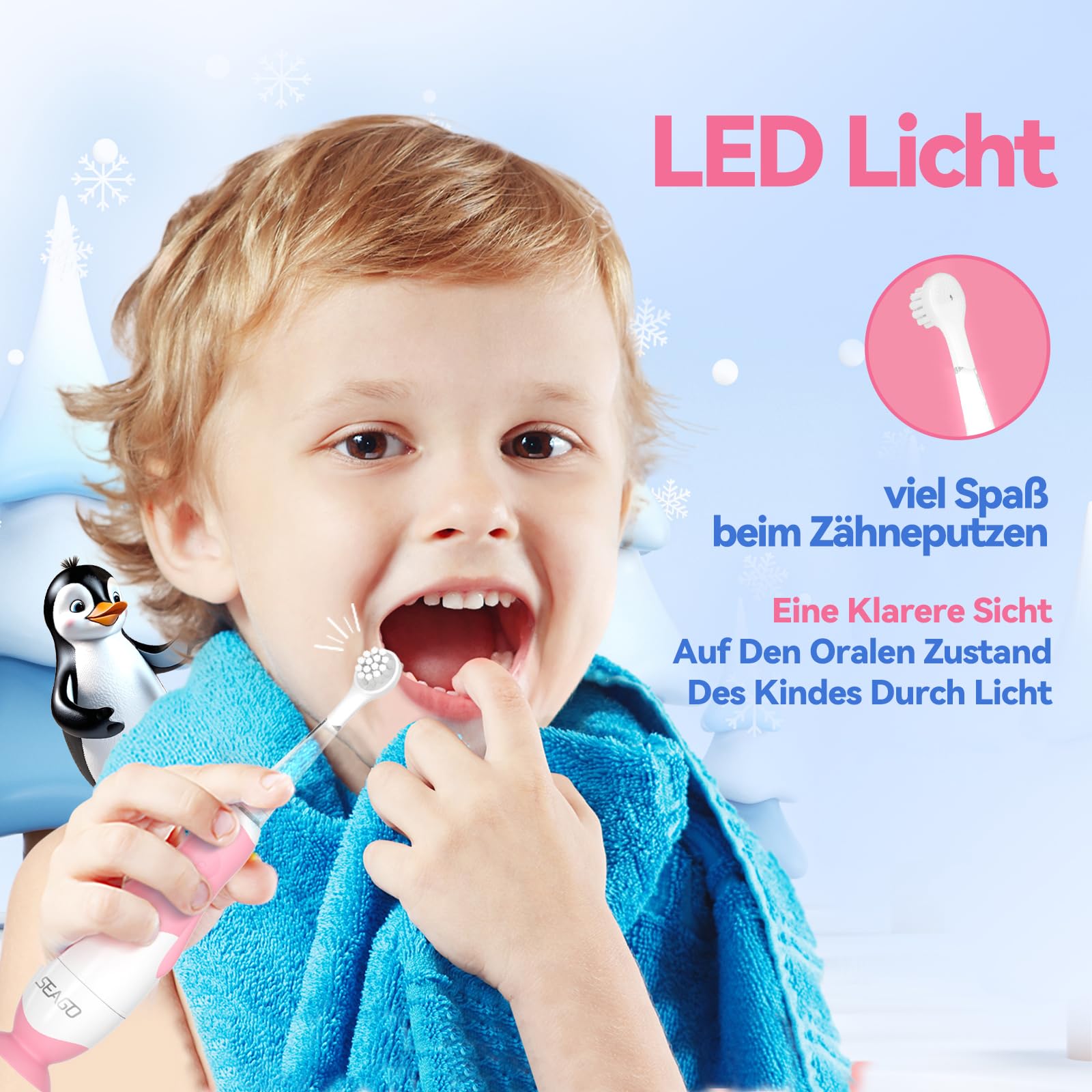 Seago Elektrische Zahnbürste Kinder ab 0-3 Jahr mit LED Licht, Weichen BPA-freiem Runder Gummierte Bürstenkopf, 2 Minuten Smart Timer, Wasserdicht IPX7, für Empfindliche Babyzähne, SG513(Rosa)) 2