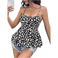 Floerns Women's Jacquard Spaghetti Strap Camisole Ruffle Hem