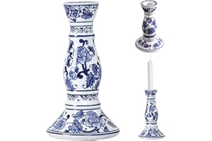 Blue & White Porcelain 8.3x3.9'' Ceramic Candle Holder with Floral Patterns Elegant Handcrafted Candle Stick Holder for Deskt