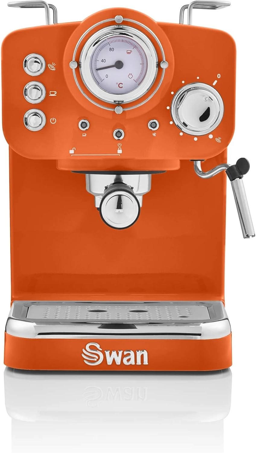 Swan Retro Pump Espresso Coffee Machine, Orange, 15 Bars of Pressure