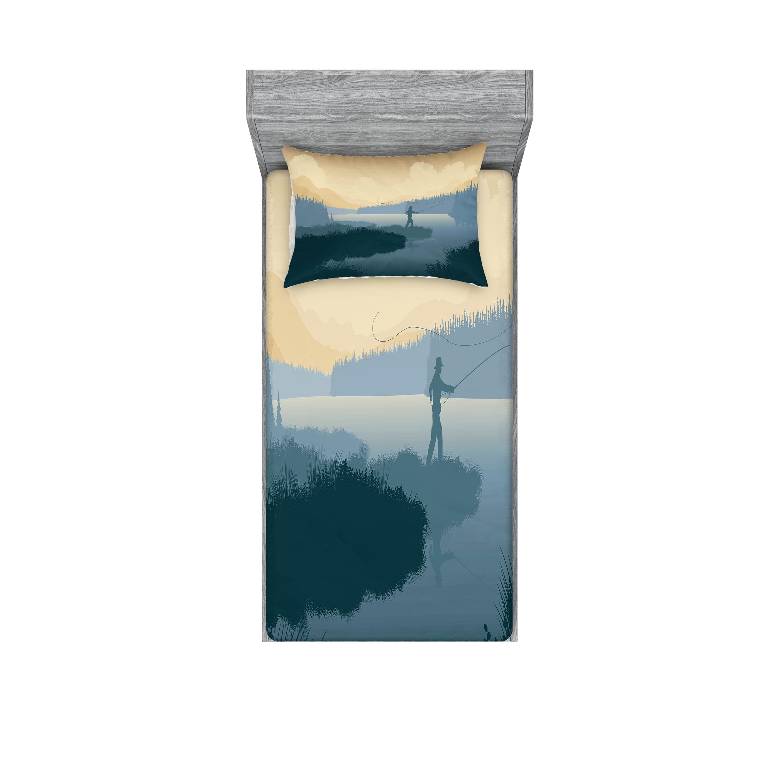 Lunarable Fishing Fitted Sheet & Pillow Sham
