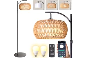DRAWNCAT Boho Rattan Floor Lamp with Shade - 12W Bright LED Bulb, Adjustable Height 48-60 Inch, Remote Control 3 Color Temperatures,Farmhouse Handwoven Arc Standing Light for Living Room Bedroom