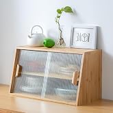 Tiita Wood Small Tabletop Storage Cabinet, Bamboo Pantry with Glass Doors | Short Kitchen Cupboard, Organizes Food, Dishes and Daily Items on Counters in Apartments, Dining Areas and Small Spaces
