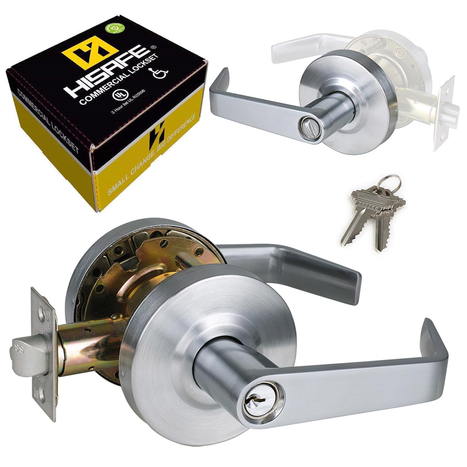 Photo 1 of HISAFE Keyed Entry Grade 2 Commercial Door Locks Heavy Duty Office Door Lever, Non-Handed, UL 3 Hour Fire Rated, ADA Compliant, Satin Chrome Finish 26D, 2-3/4''Backset X-XG-ET-70