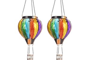 2PCS Colorful Hot Air Balloon Solar Lantern with Flickering Flame Light Glass Hanging Solar Lanterns Outdoor Waterproof for G