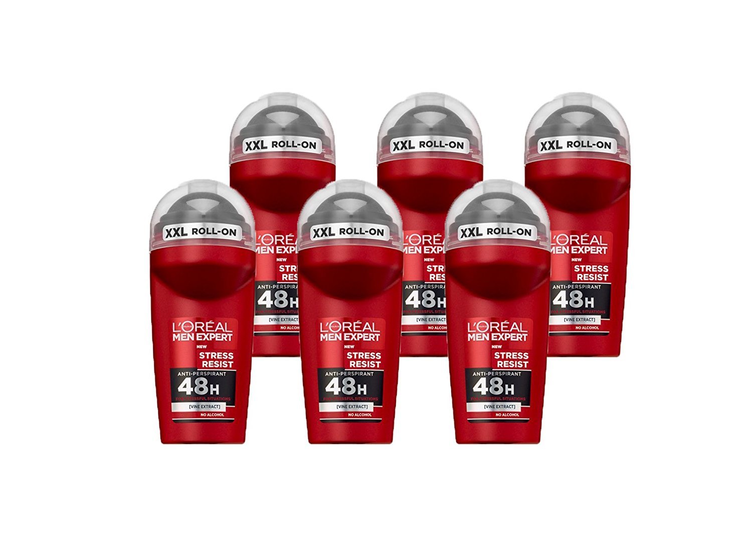 L'Oréal Paris Men Expert 96H Stress Resist Anti-Perspirant Roll On Deodorant for Men, 50ml Pack of 6, Bulk Buy
