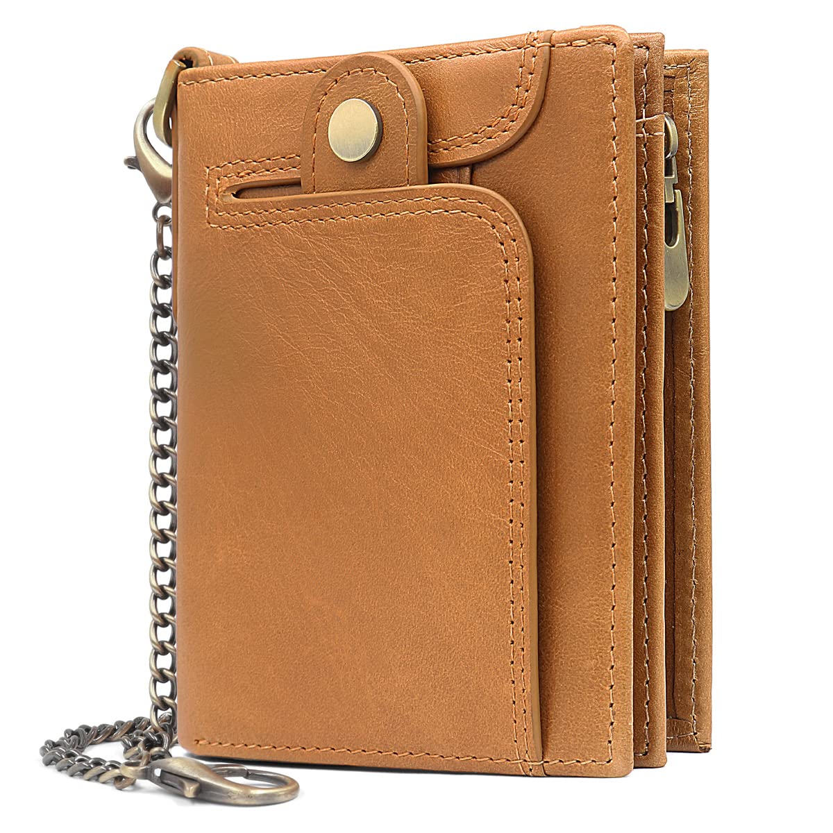 REETEE Mens Wallet RFID Blocking Genuine Leather Wallets Mens with Chain and Zip Coin Pocket, Real Leather Wallet for Gents Men’s 14 Credit Card Holders Bifold Slim Wallets for Men Gift (Brown)