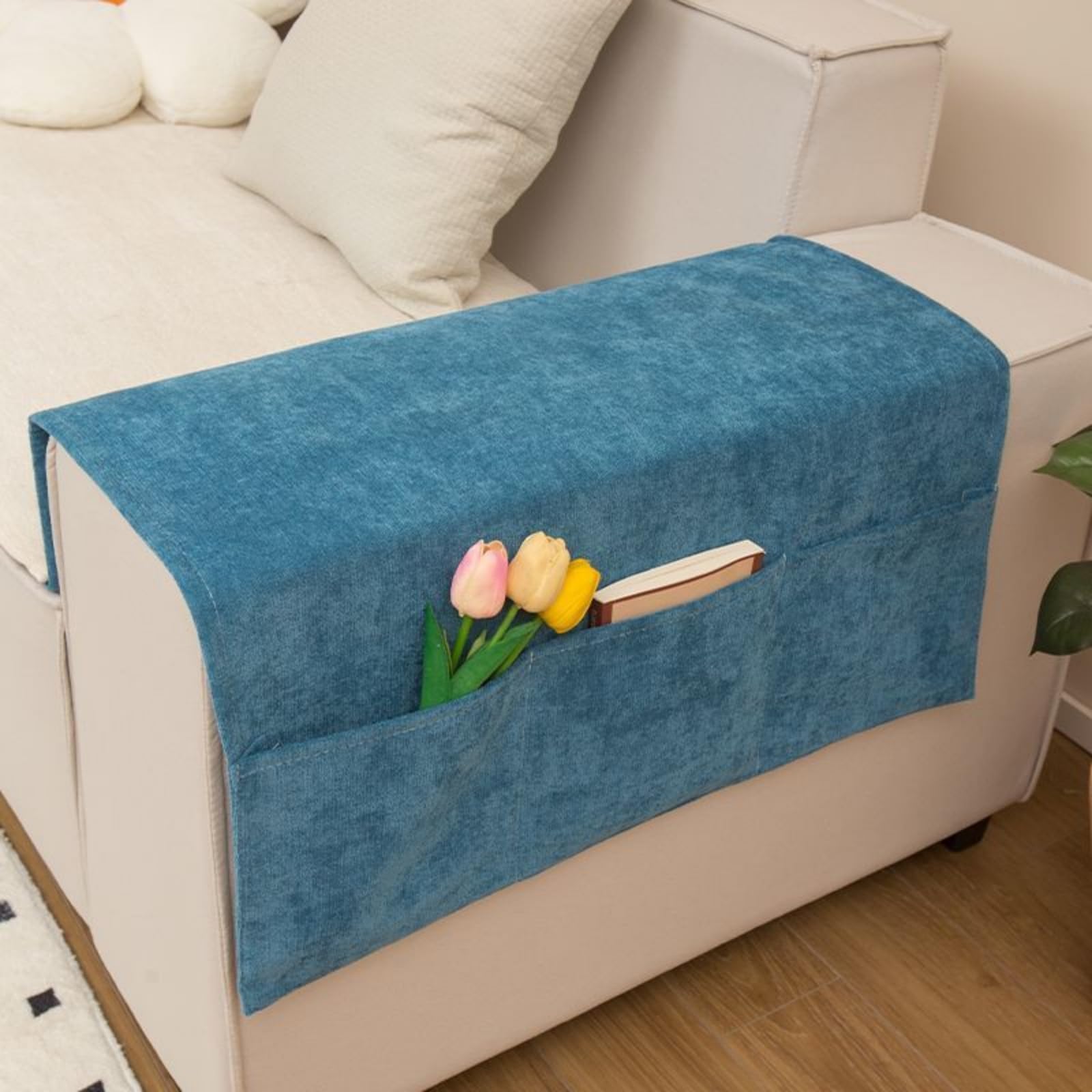 JIAHG Luxurious Chenille Sofa Armrest Organizer with 3 Side Pockets Universal Couch Armchair Caddy Storage Bag Armrest Cover Tidy Table Space Saver for TV Remote Control Magazines Glasses (Blue)