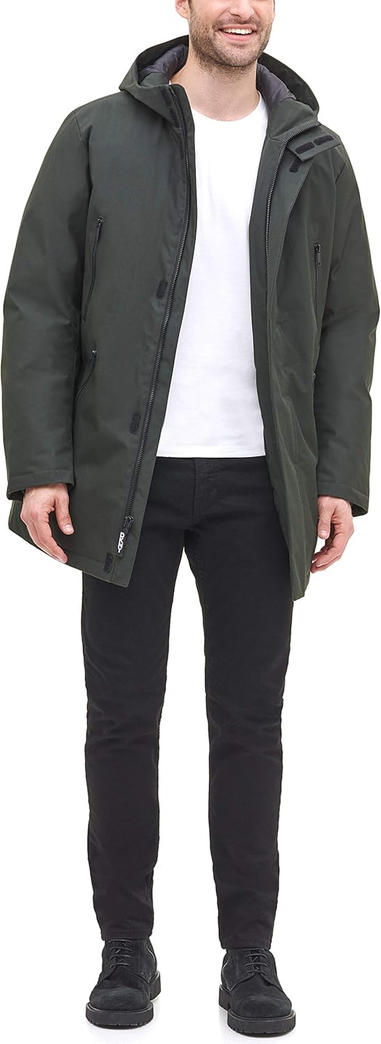 DKNY Men's Water Resistant Hooded Logo Parka Jacket at  Men’s Clothing store