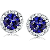 DAYBYDAY Birthstone Earrings for Women 925 Sterling Silver Halo Stud Earrings, Small Round/Cushion/Heart Gemstone Earrings Birthstone Jewelry