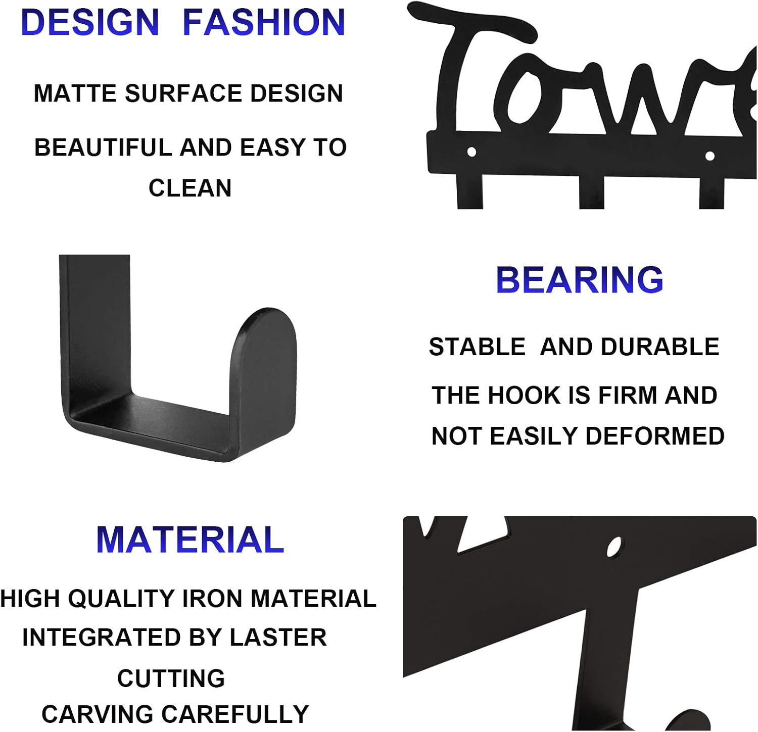 Towel Holder 5 Hooks for Bathroom, Towel Racks, Towel Hooks for Bathroom, Bedroom, Kitchen, Pool, Beach Towels, Bathrobe, Clothing, Metal Sandblasted Wall Mount Rustproof and Waterproof (Black02): Kitchen & Dining