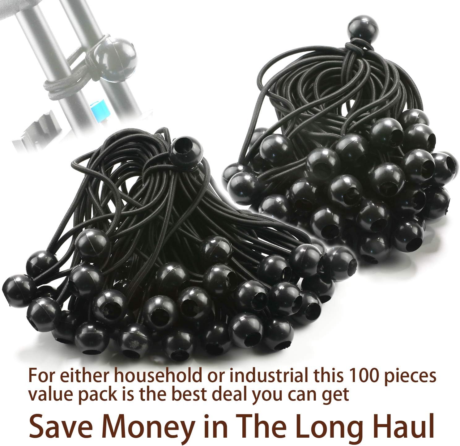 6 inch 100 Piece Heavy Duty 5mm Ball Bungee Canopy Cord By Wellmax, Black Color - - 