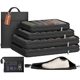 7 Set Compression Packing Cubes for Travel Essentials Luggage, Mesh Collapsible Packing Cubes for 20-22 inch Carry on Suitcase, Expandable Travel Packing Organizers with Shoe Laundry Bag(Black）