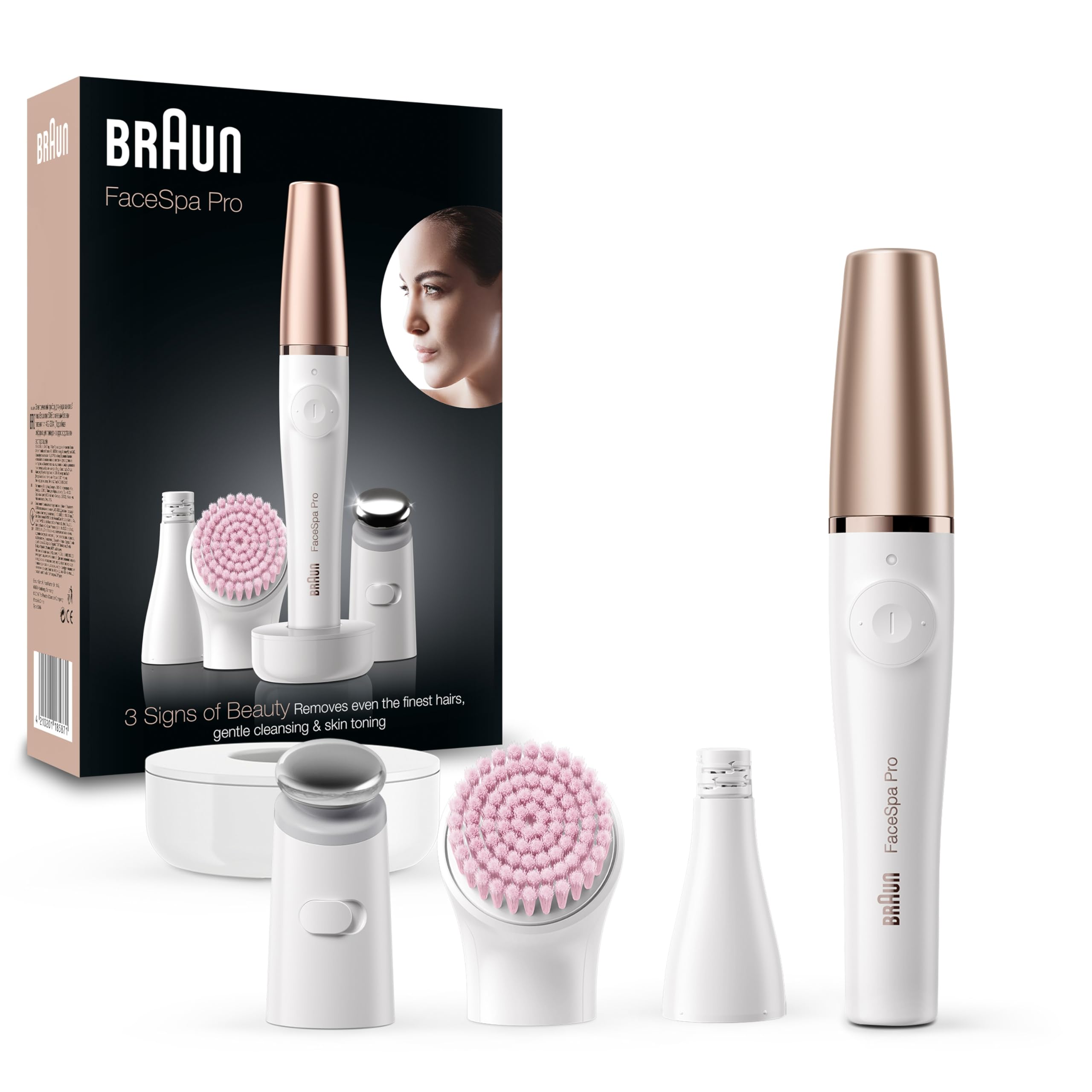 Braun FaceSpa Face Epilator, Hair Removal with Facial Cleansing Brush Head, Toning Head & Charger Stand, Wet & Dry, SE912, White/Bronze