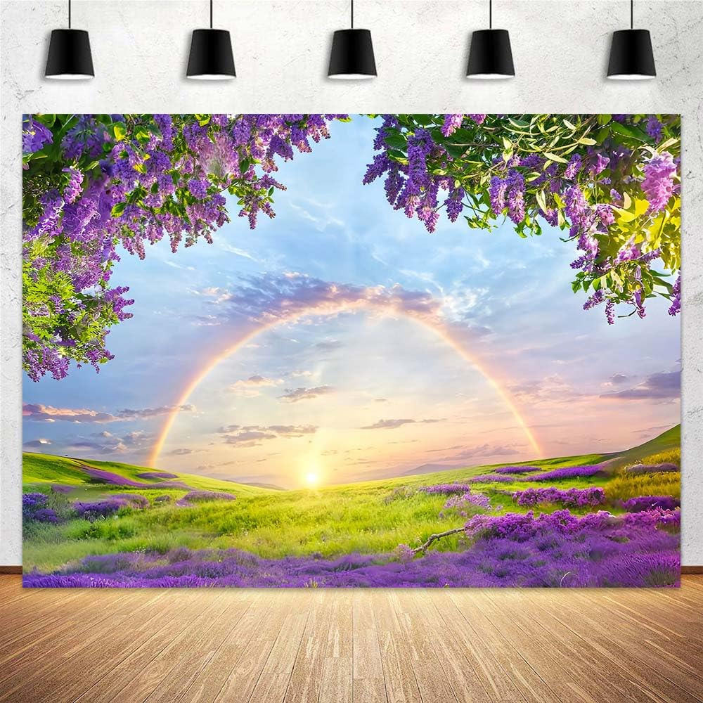 Photo 1 of 10 X 8 ft Lavender Flower Field Backdrop Photography backdrops Purple Flower Lavender Green Grass Lilac Flowers Sunset Sky Rainbow Party Background Photography Studio Backdrop