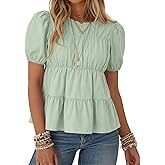 Rapbin Womens Puff Sleeve Peplum Babydoll Tops Summer Smocked Pleated Cotton Shirts Casual Loose Fit Flowy Blouses (Light Green L)
