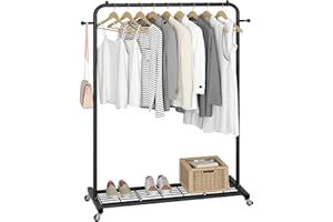 Sywhitta Clothing Rack on Wheels with Mesh Storage Shelf & Sturdy Metal Frame, Rolling Garment Rack for Hanging Clothes, Coats, Skirts, 39.76" L x 16" W x 64.56" H,Black